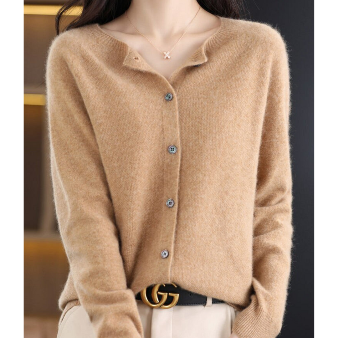 Lyxig Merinoull &amp; Cashmere Cardigan för Kvinnor – Elegant O-Hals Vinterstickad