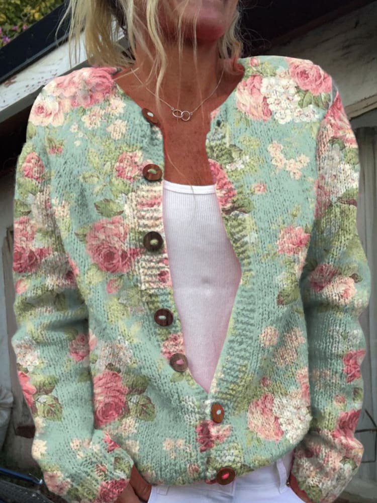 Kvinnors Tryckt Knapp Cardigan Lång Ärmar Casual Stickad