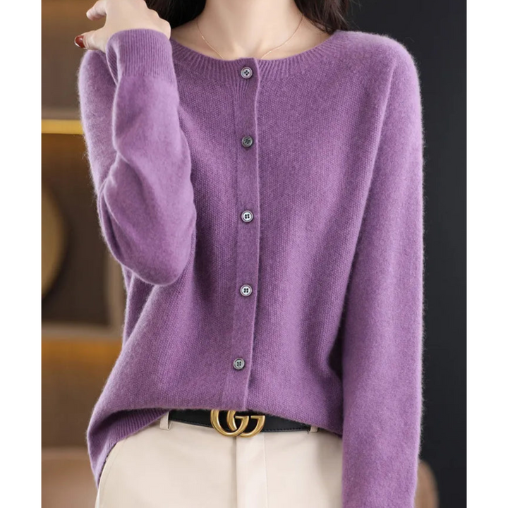 Lyxig Merinoull &amp; Cashmere Cardigan för Kvinnor – Elegant O-Hals Vinterstickad