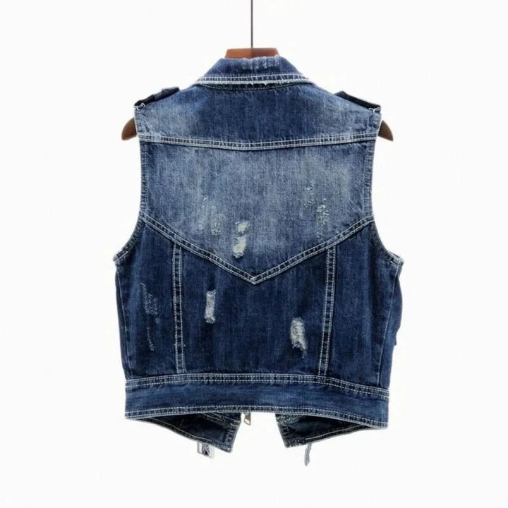 Herrens Bomullsdenim Biker Väst – Distressed Ärm-Lös Lager med Asymmetrisk Dragkedja och Justerbart Bälte
