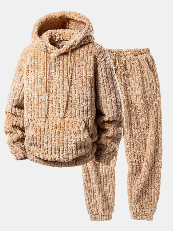 Herrarnas Vinter Teddy Co-Ord Träningsdräkt – Ribbad Pullover Hoodie med Matchande Joggers