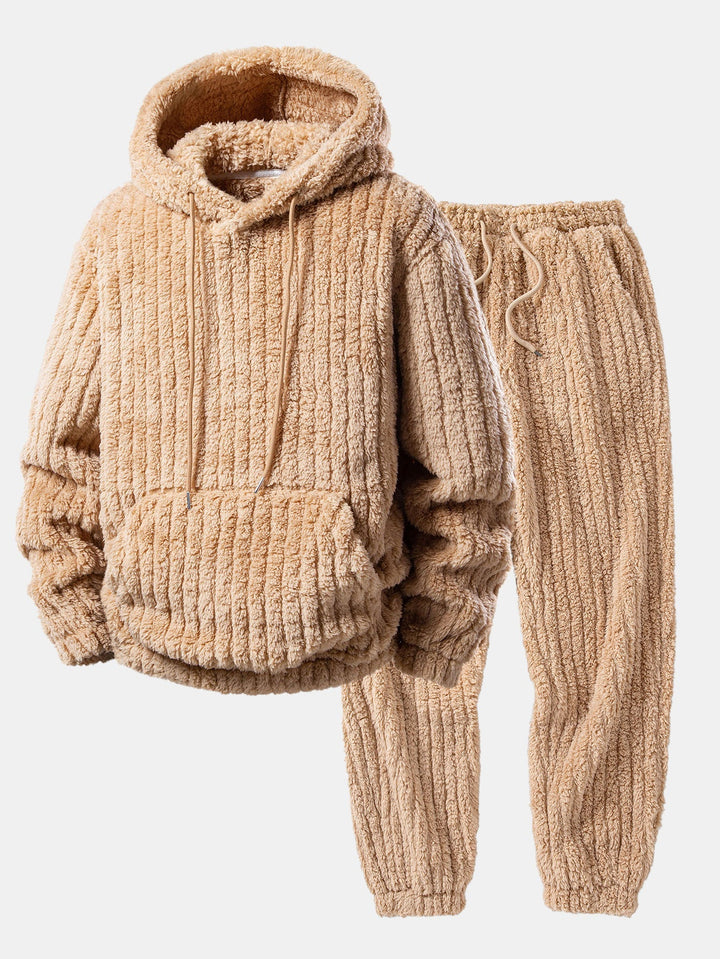 Herrarnas Vinter Teddy Co-Ord Träningsdräkt – Ribbad Pullover Hoodie med Matchande Joggers