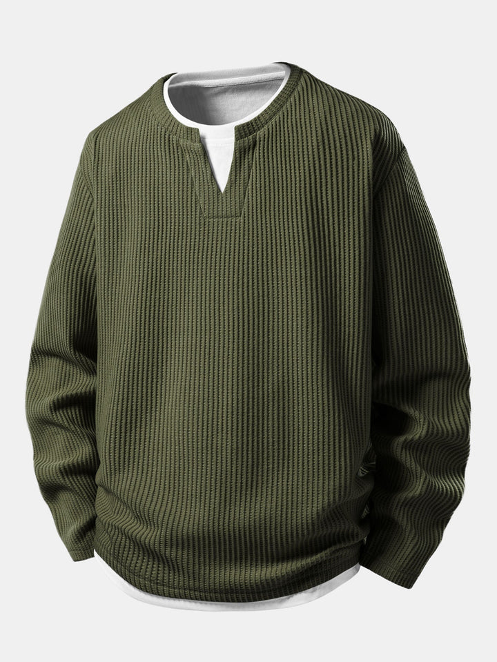 Herr Waffle Notch-Neck T-Shirt med Inbyggd Lager – Avslappnad Övergångslångärmad