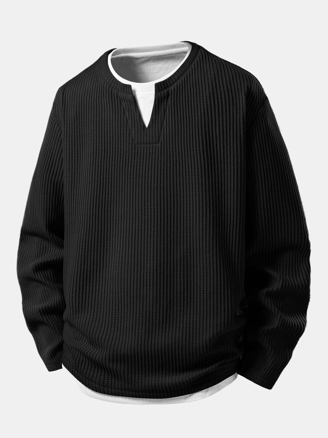 Herr Waffle Notch-Neck T-Shirt med Inbyggd Lager – Avslappnad Övergångslångärmad