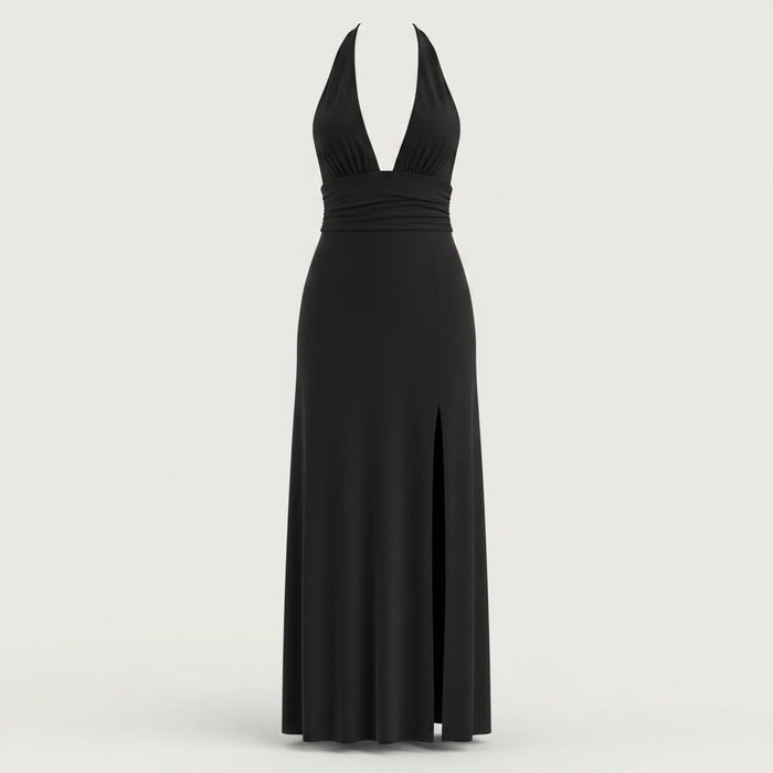 Kvinnors Halterneck Maxi Klänning – Elegant Bröllopsgäst Stil med Djup U-ringning och Sidoklyvning