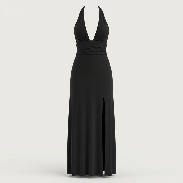 Kvinnors Halterneck Maxi Klänning – Elegant Bröllopsgäst Stil med Djup U-ringning och Sidoklyvning