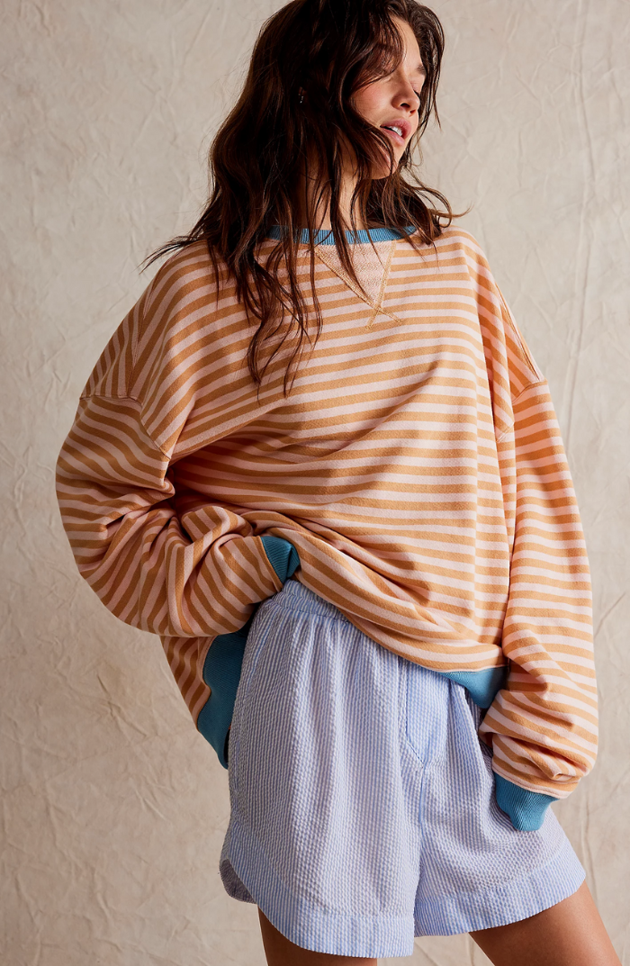 Kvinnors Oversized Randig Sweatshirt Avslappnad Ballongärm Pullover
