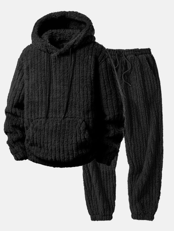 Herrarnas Vinter Teddy Co-Ord Träningsdräkt – Ribbad Pullover Hoodie med Matchande Joggers