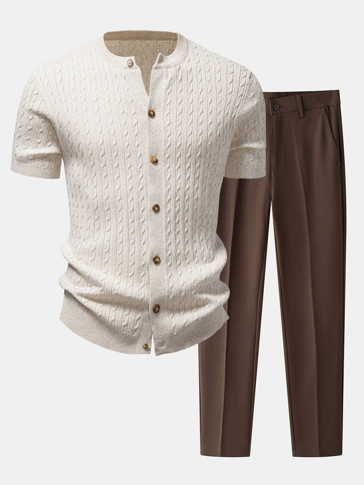 Herrens Kabelstickade Knappskjorta med Avsmalnande Byxor – Raffinerad Smart Casual Set