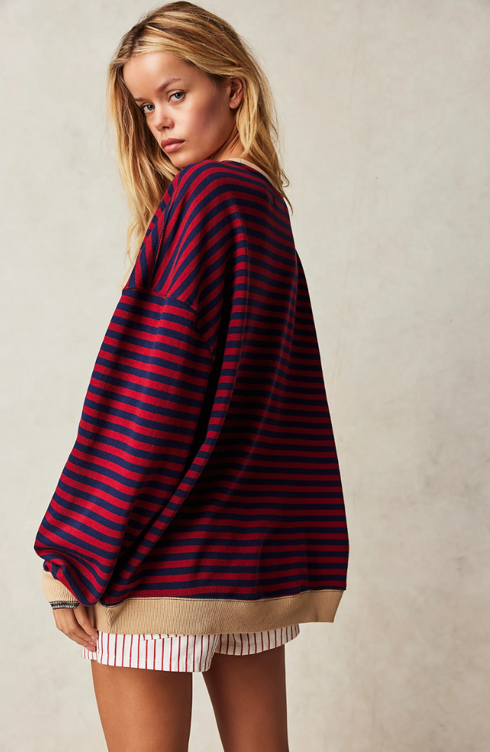 Kvinnors Oversized Randig Sweatshirt Avslappnad Ballongärm Pullover