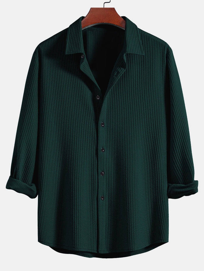 Herr Muscle-Fit Ribbad Knappskjorta – Stretch Texturerad Smart Casual Topp