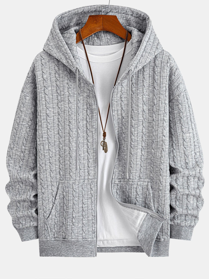 Mäns Texturerad Zip Hoodie Träningsdräkt – Jacquard Raka Ben Set för Kallväder Avslappnad Användning