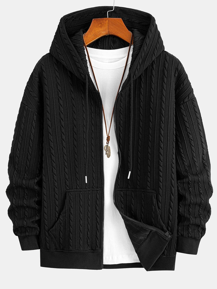 Mäns Texturerad Zip Hoodie Träningsdräkt – Jacquard Raka Ben Set för Kallväder Avslappnad Användning