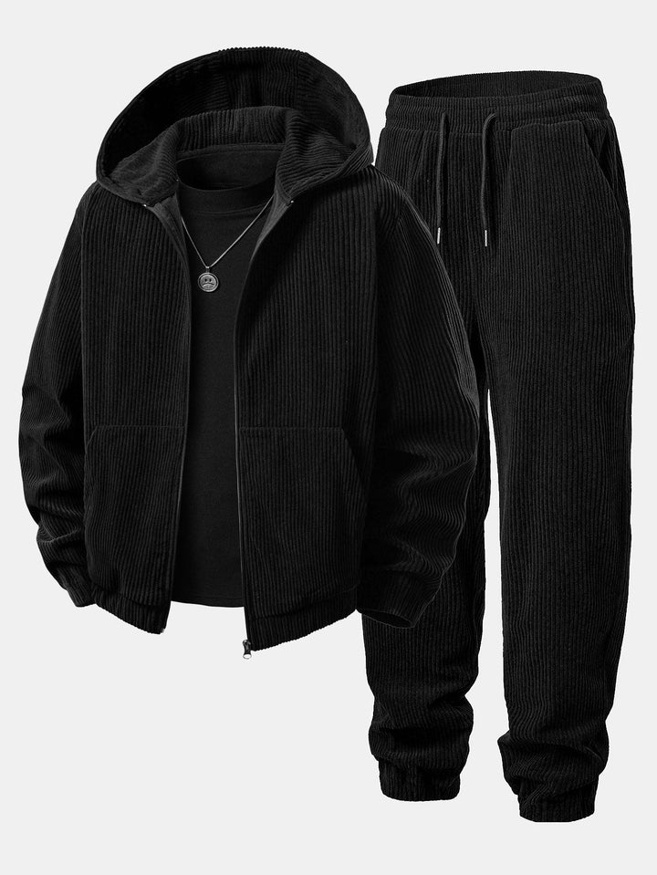 Herrars Corduroy Zip Träningsoverall – Avslappnad Hoodie och Joggers för Höstens Streetwear