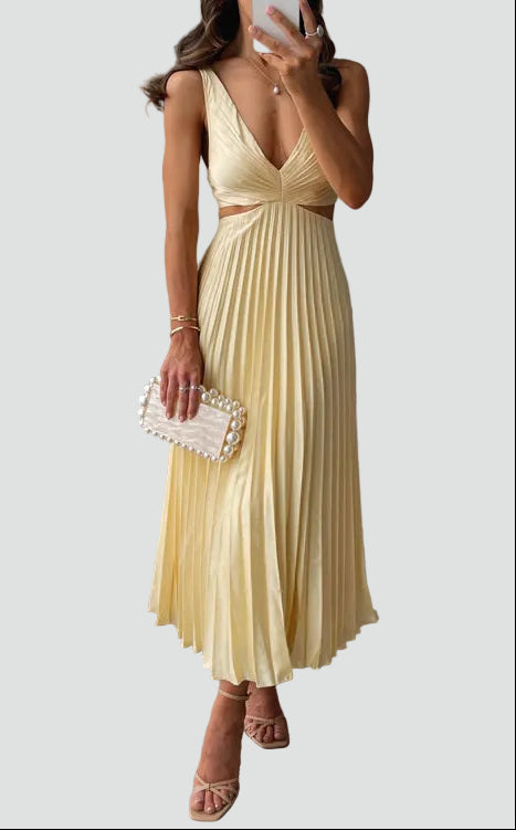 Kvinnors Plisserad Cut-Out Midi Klänning Elegant Aftonklädsel