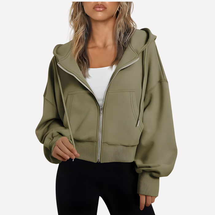 Dam Zip Hoodie Avslappnad Passform Croppad Dragkedja Jacka