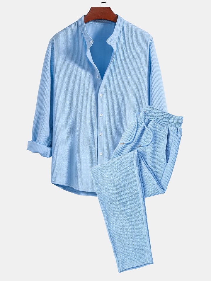 Herrens Ribbad Ståkrage Skjorta och Rakbenade Byxor – Stretch Smart Casual Set