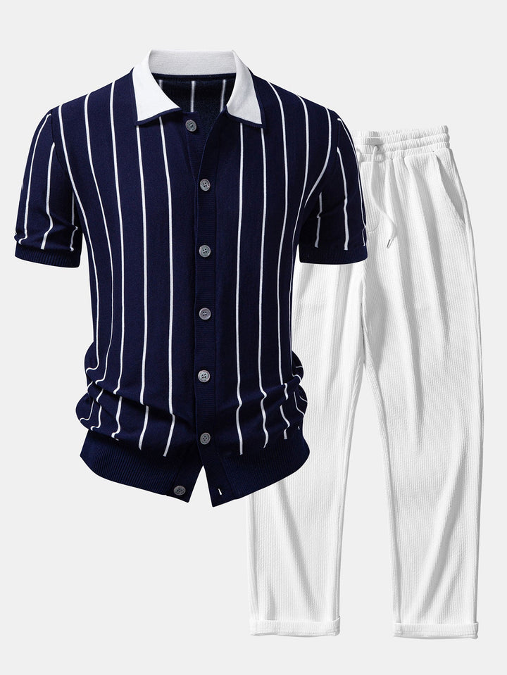 Herrstickad knapp-up skjorta och raka byxor set – Smart casual sommar set
