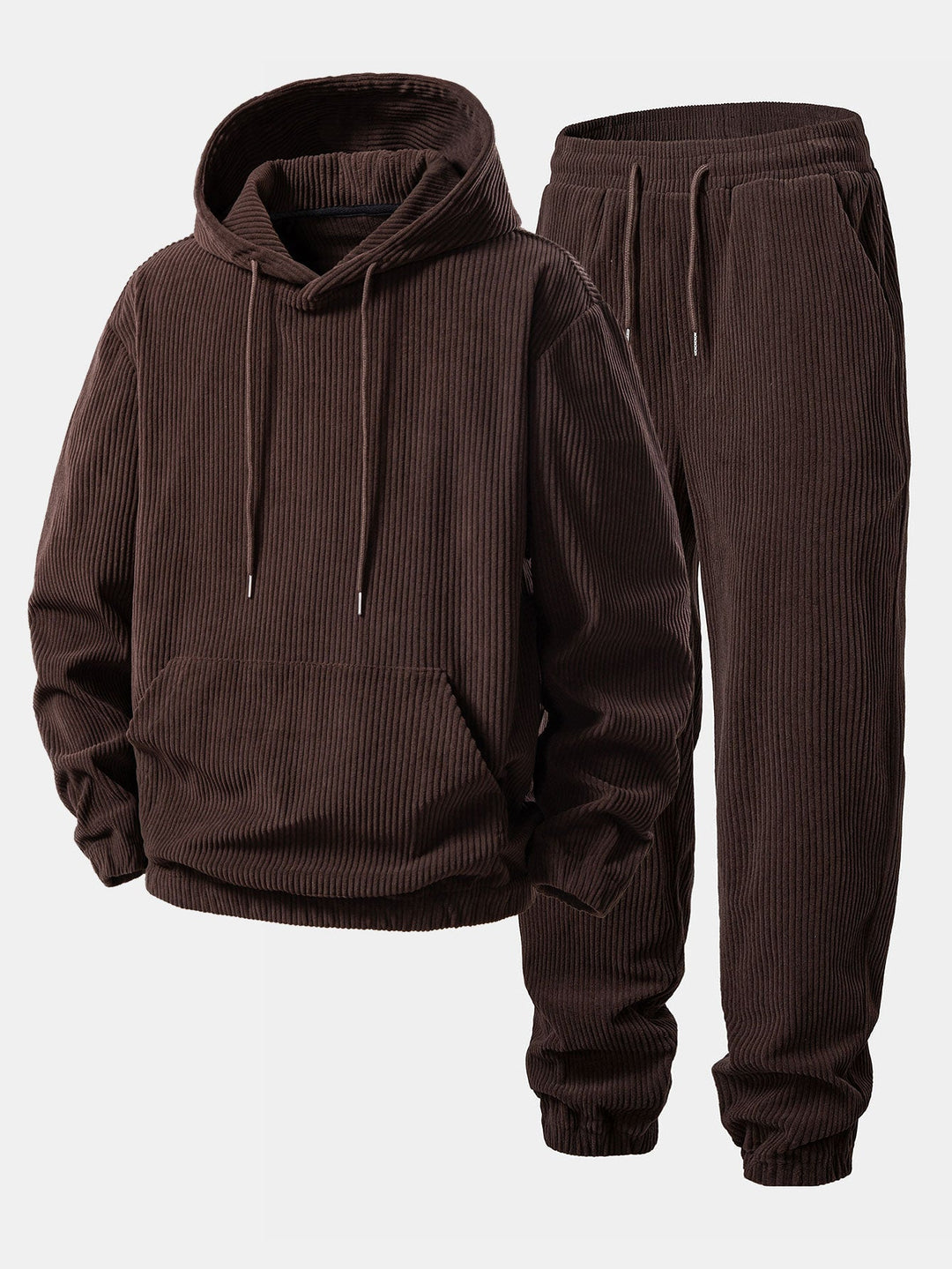 Herrens Ribbade Kordfløyels Träningsdräkt – Avslappnad Hoodie och Taperade Joggers för Höstresor