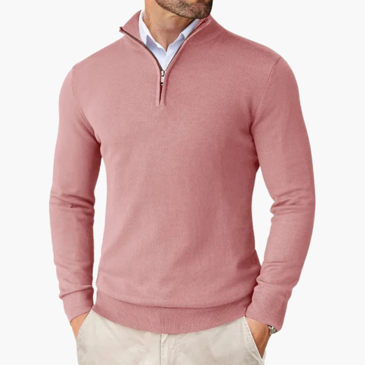 Herrars Quarter Zip Pullover Ribbad Nederkant Stickad Topp