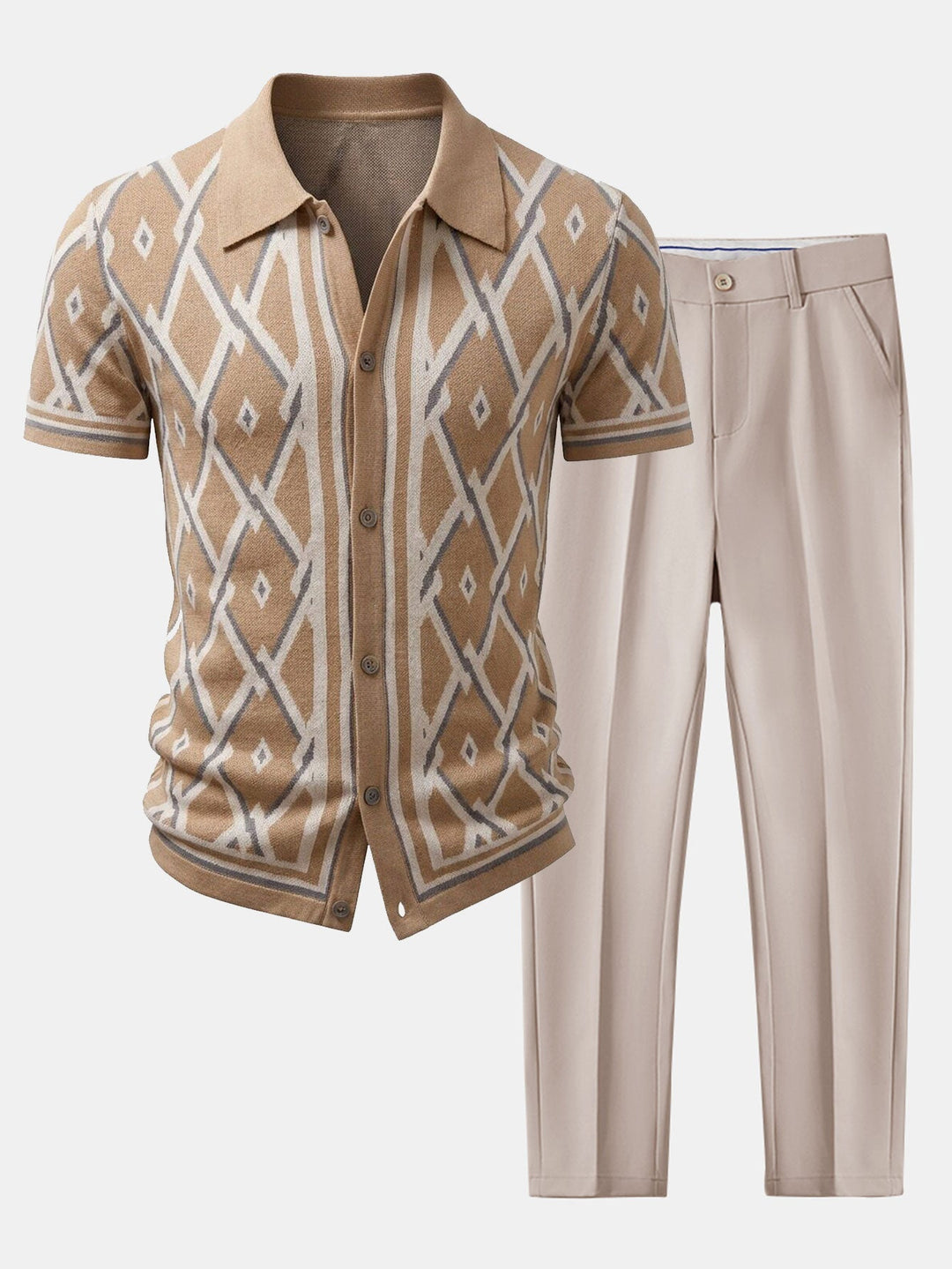 Herrers Viskos Stickad Skjorta och Avsmalnande Byxor Set – Smart Casual Sommaroutfit