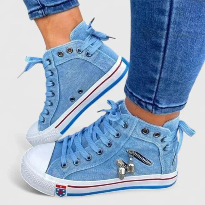 Kvinnors Denim Hög-Top Sneakers – Snörning Casual Sneakers med Sidodragkedja
