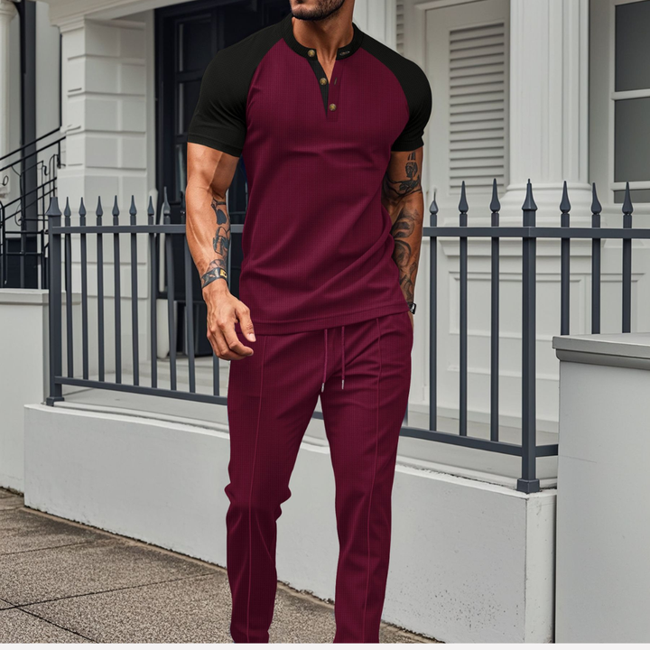 Herrars Kontrast Henley T-Shirt och Texturerad Jogger Set