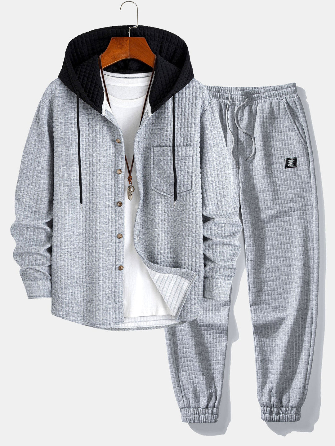 Herr Waffle Huvtröja och Jogger Set – Texturerad Helg Casualwear