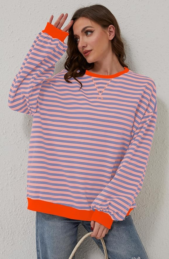 Kvinnors Oversized Randig Sweatshirt Avslappnad Ballongärm Pullover