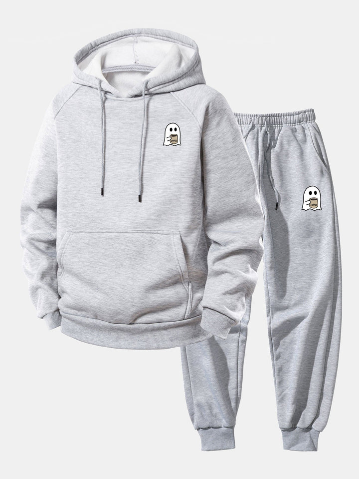 Herrarnas Hooded Polyester Träningsoverall – Avslappnad Tryckt Set med Taperade Joggers för Avslappnade Dagar