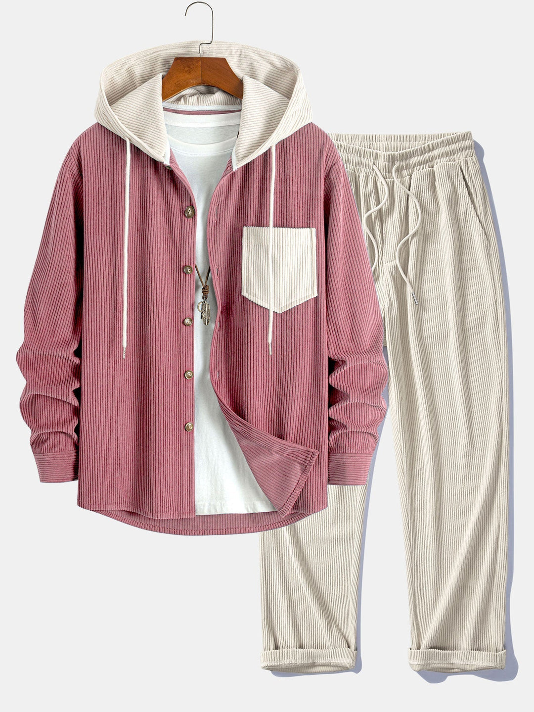 Herrars Corduroy Hooded Overshirt med Raka Byxor – Helglagringsoutfit