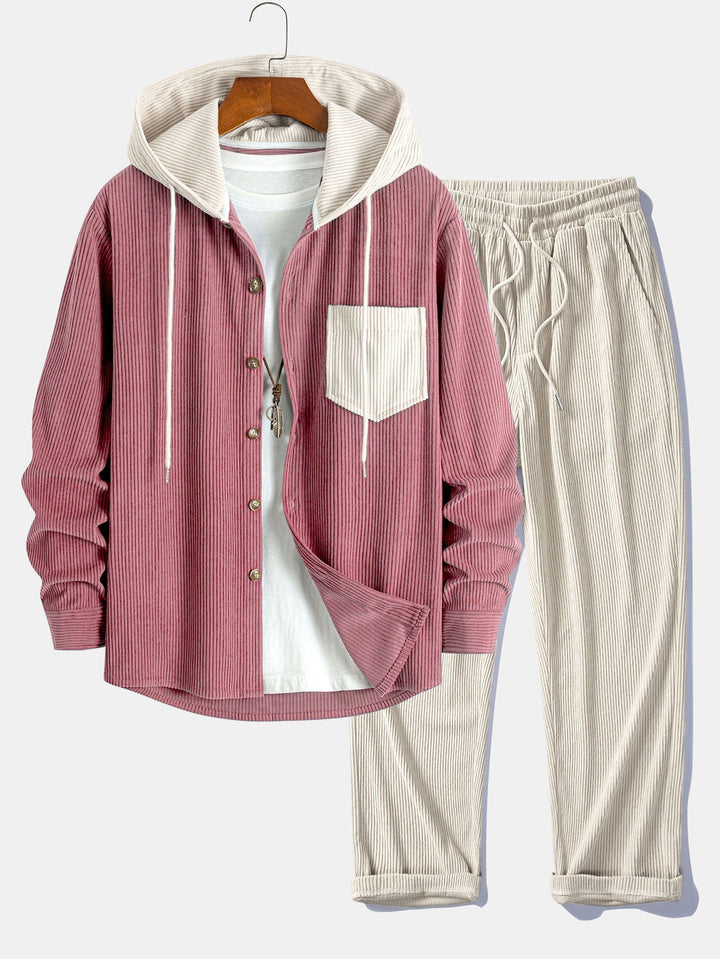 Herrars Corduroy Hooded Overshirt med Raka Byxor – Helglagringsoutfit