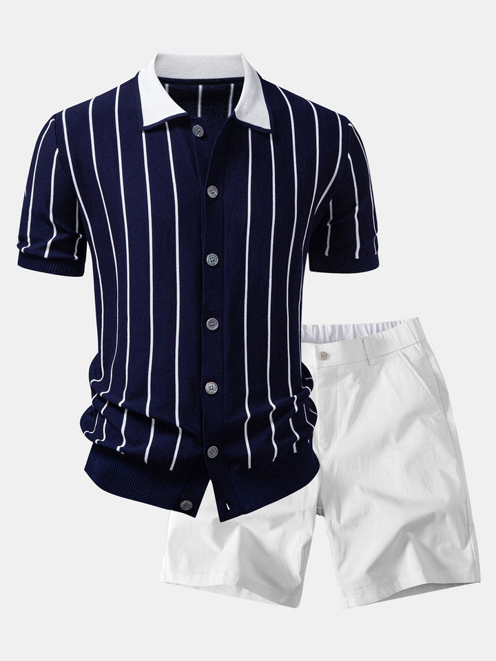 Herrers Viskosstickad Skjorta med Stretch Chino Shorts – Sommar Smart Casual Set