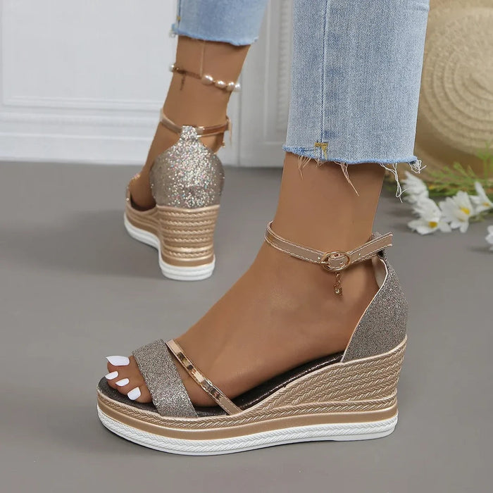Kvinnors Glitter Plattform Wedge Sandaler – Ankelremsskor för Sommarevenemang