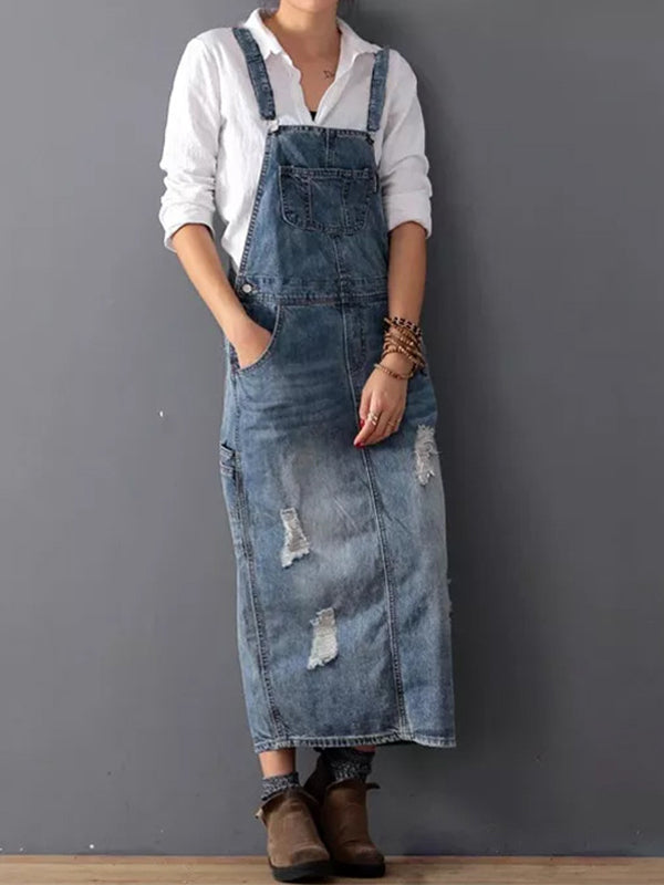 Kvinnors Sliten Denim Pinafore Maxi Klänning Med Fickor