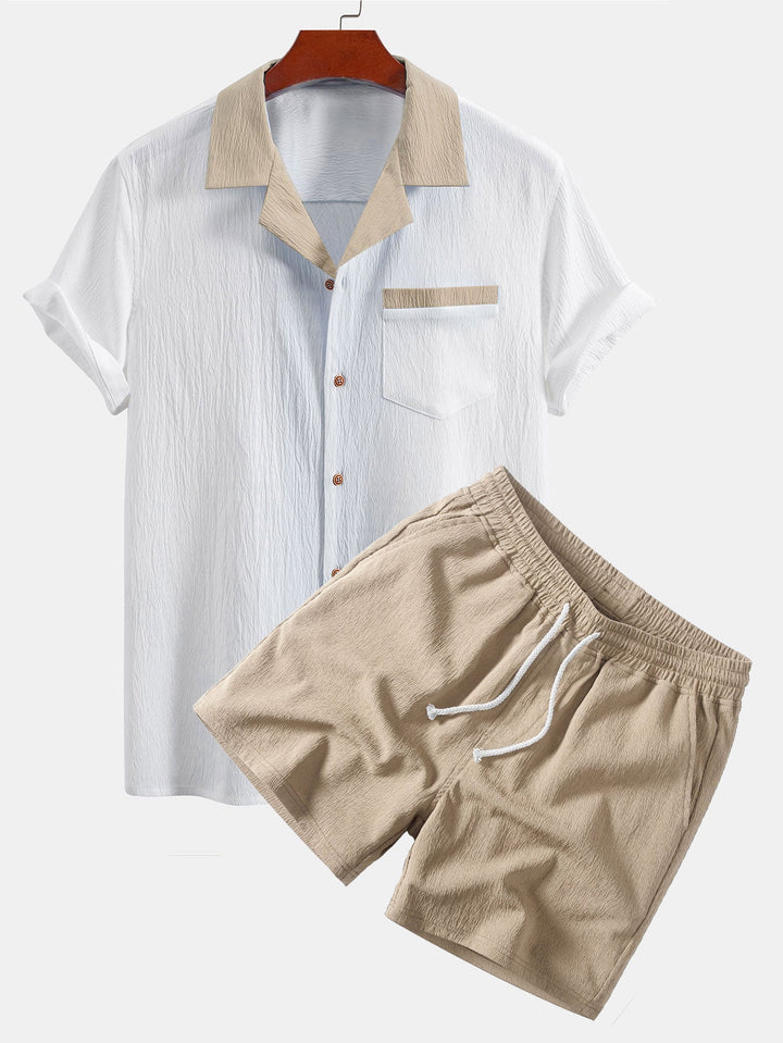 Herrens Krinklad Kubansk Krage Co-Ord – Lättviktig Skjorta och Drawstring Shorts