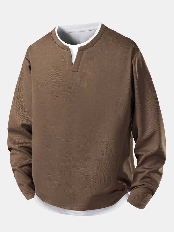 Mans Layered Notch Neck Långärmad T-Shirt – Avslappnad Texturerad Casual Top