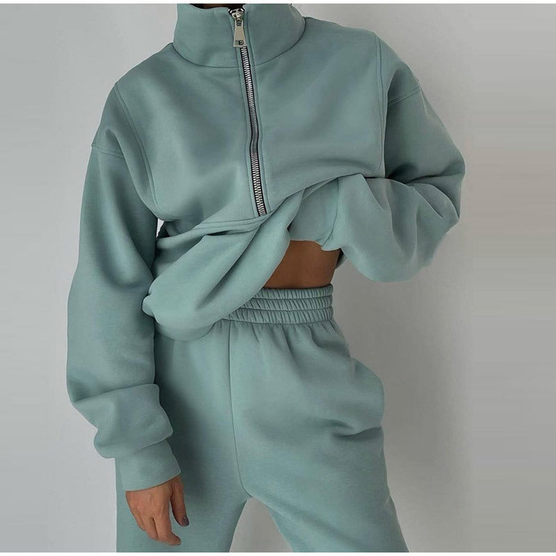 Kvinnors Halv-Zip Sweatshirt och Jogger Set – Avslappnad Tvådelad Sportig Stil