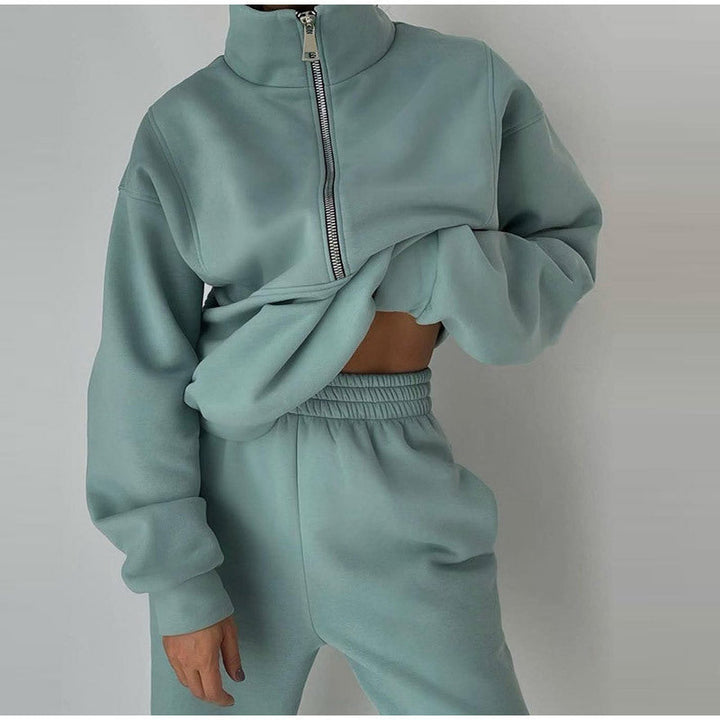 Kvinnors Halv-Zip Sweatshirt och Jogger Set – Avslappnad Tvådelad Sportig Stil