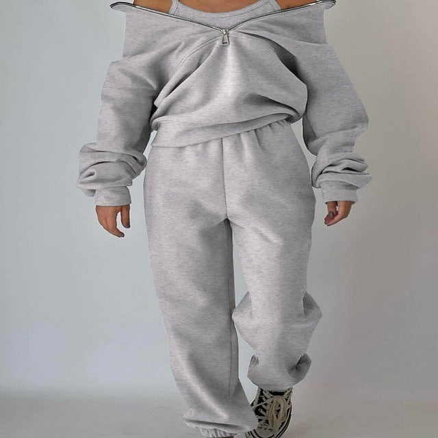 Kvinnors Halv-Zip Sweatshirt och Jogger Set – Avslappnad Tvådelad Sportig Stil