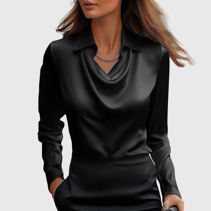 Kvinnors Satin Cowl-Neck Blus – Långärmad Skjorta med Krage för Kontor och Kvällsbruk