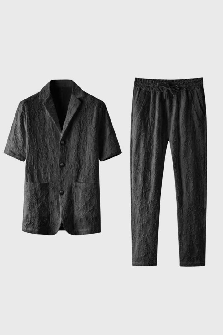 Herrars Texturerad Skjorta Och Dragsko Byxor Outfit Set