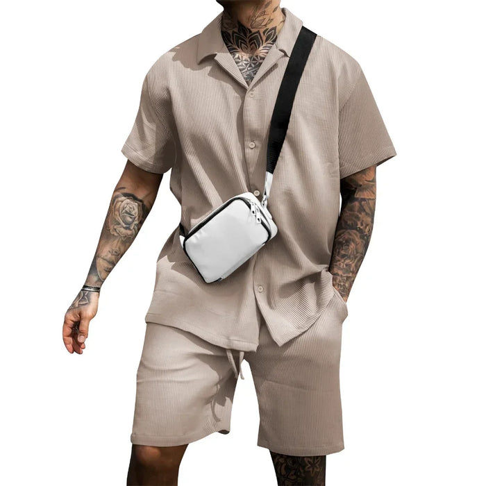 Herrars Lätta Sommar Skjorta och Shorts Set Andningsbar Avslappnad Tvådelad Outfit