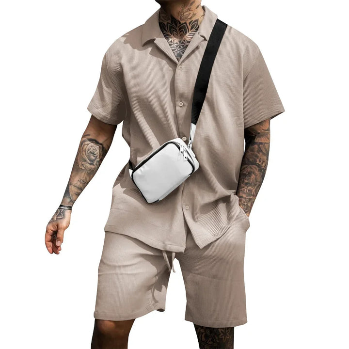 Herrars Lätta Sommar Skjorta och Shorts Set Andningsbar Avslappnad Tvådelad Outfit