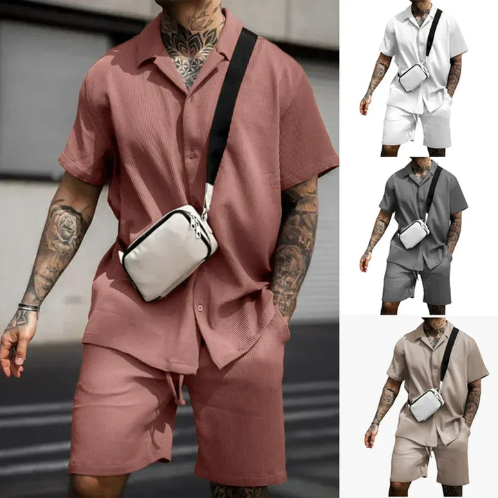Herrars Lätta Sommar Skjorta och Shorts Set Andningsbar Avslappnad Tvådelad Outfit