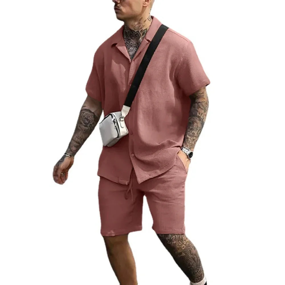 Herrars Lätta Sommar Skjorta och Shorts Set Andningsbar Avslappnad Tvådelad Outfit