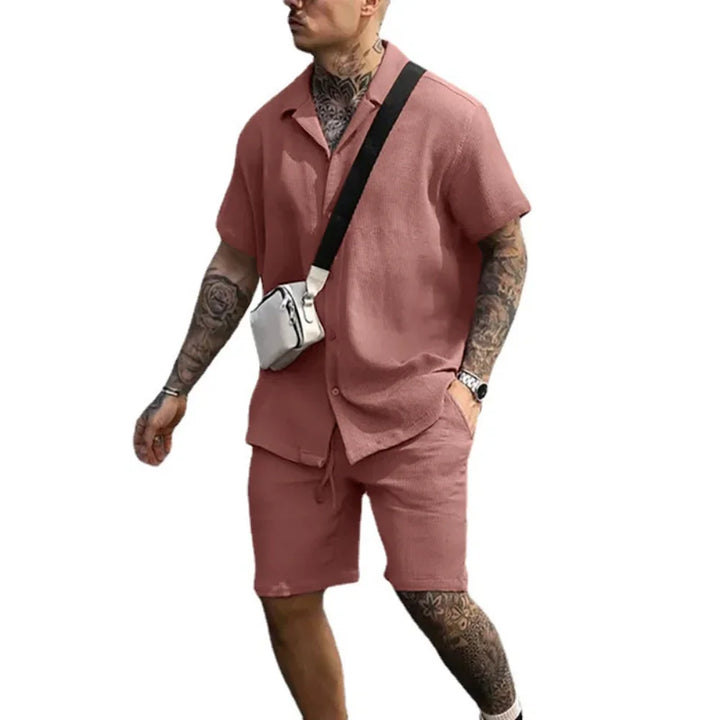 Herrars Lätta Sommar Skjorta och Shorts Set Andningsbar Avslappnad Tvådelad Outfit