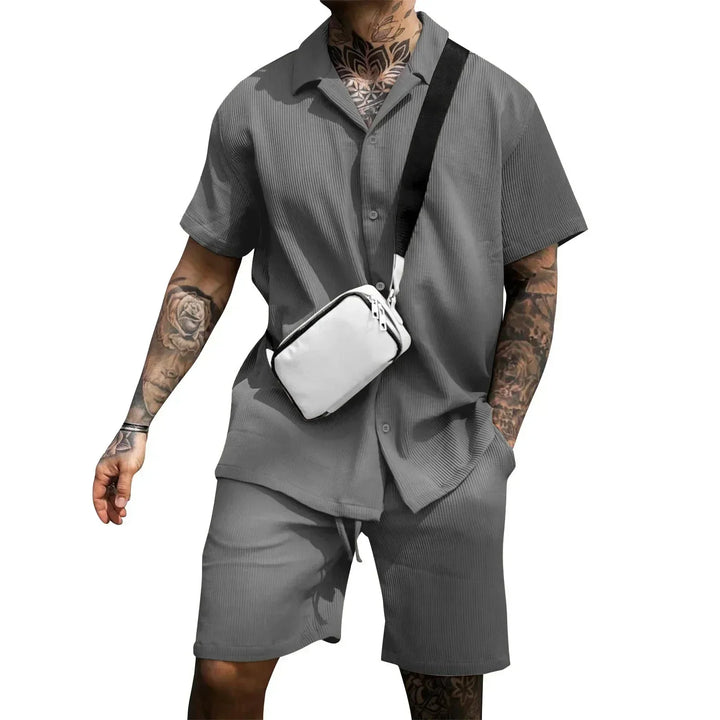 Herrars Lätta Sommar Skjorta och Shorts Set Andningsbar Avslappnad Tvådelad Outfit