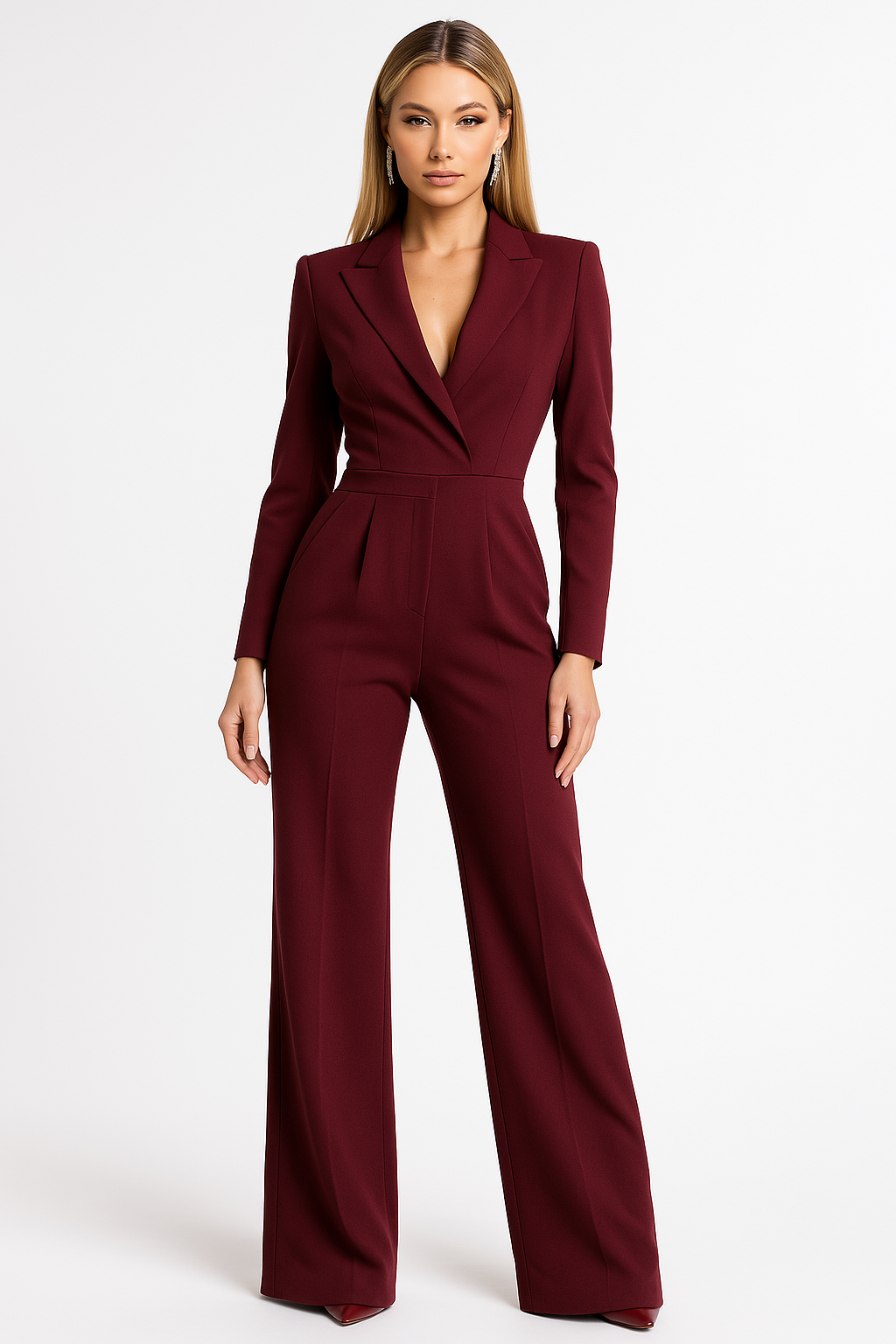 Kvinnors Elegant V-ringad Jumpsuit Vid Ben Skräddarsydd Passform Lång Ärmar Kvällsoutfit