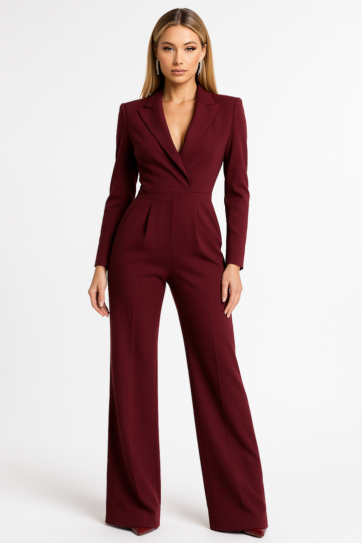Kvinnors Elegant V-ringad Jumpsuit Vid Ben Skräddarsydd Passform Lång Ärmar Kvällsoutfit